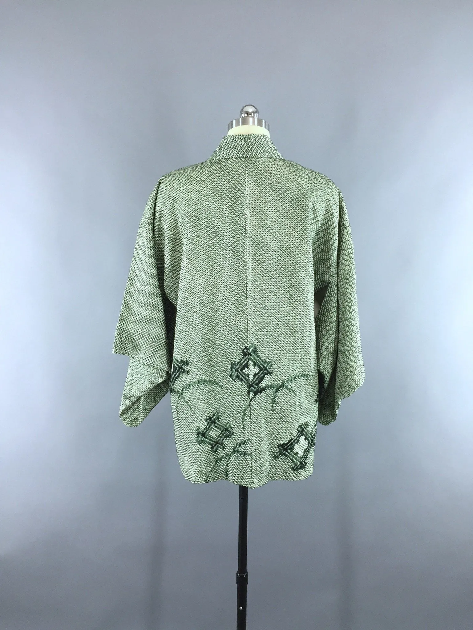 1960s Vintage Silk Haori Kimono Cardigan Jacket with Dark Forest Green Shibori