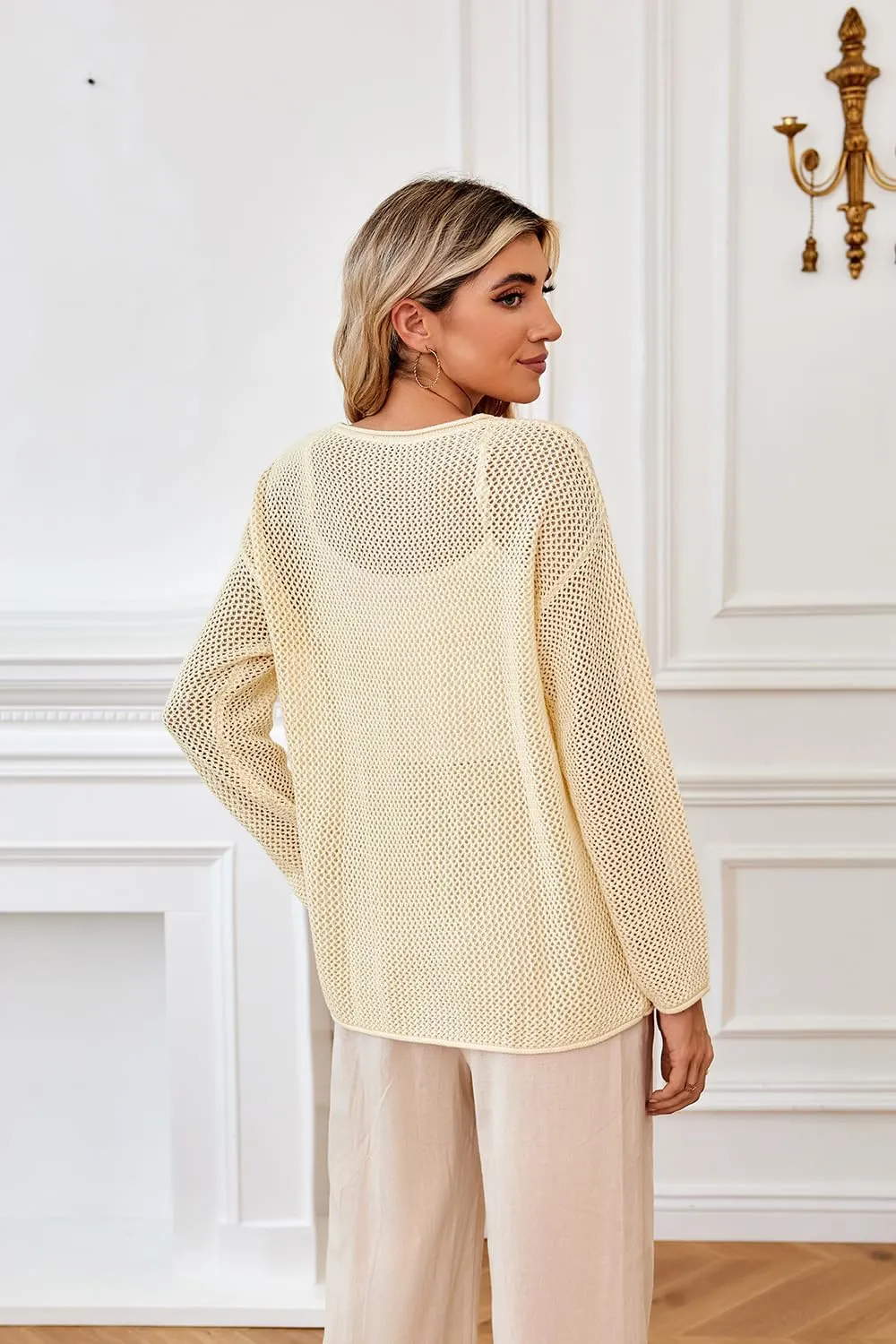Arach&Cloz 2025 Womens Crochet Tops Wool Blended Sweaters Lightweight Long Sleeve Crew Neck Spring Fashion Knit Outfits