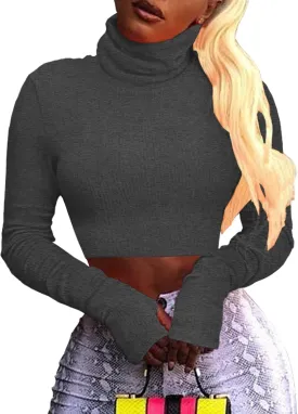 Artfish Women Long Sleeve Turtleneck Crop Tops Neon Ribbed Half Tight Cropped Sweaters Pullovers