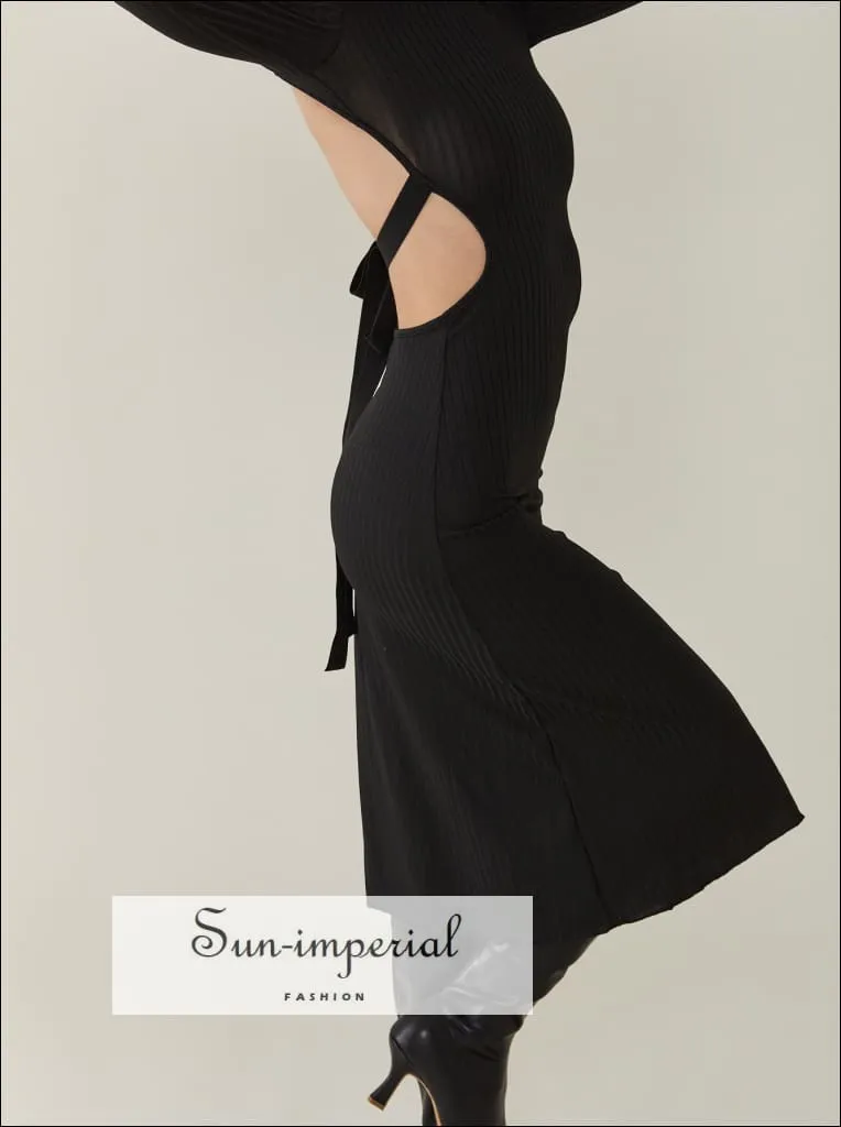 Black Backless Long Sleeve Ribbed Midi Dress with Mock Turtleneck Low back and Tie detail