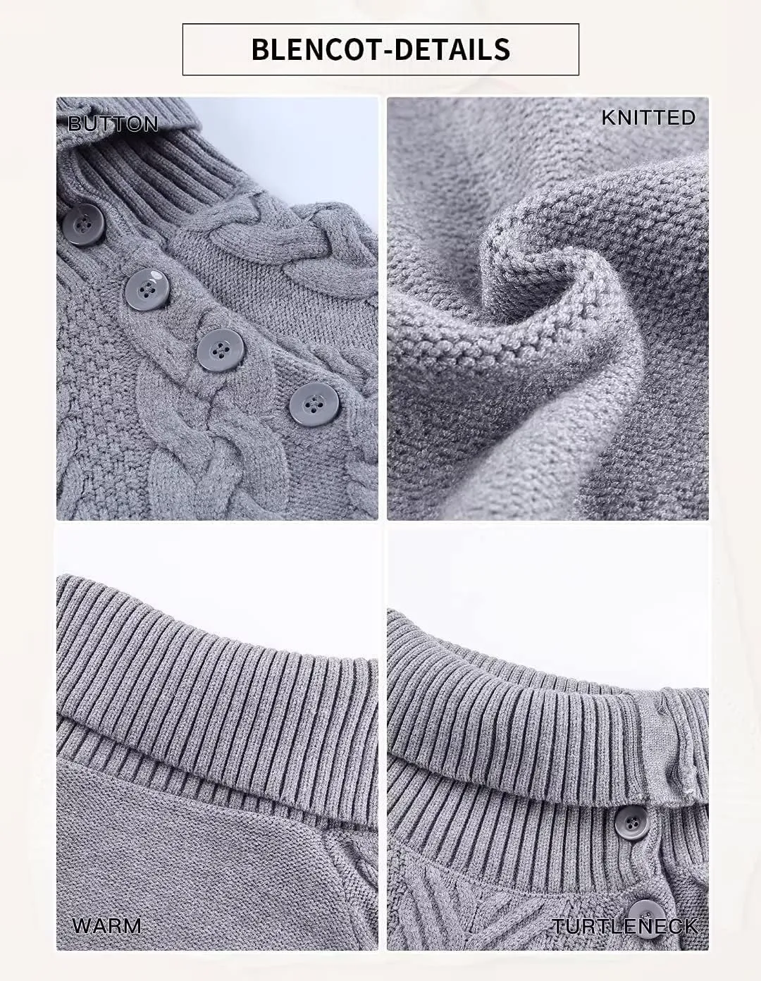 BLENCOT Womens Turtleneck Long Sleeve Elasticity Chunky Cable Knit Pullover Sweaters Jumper