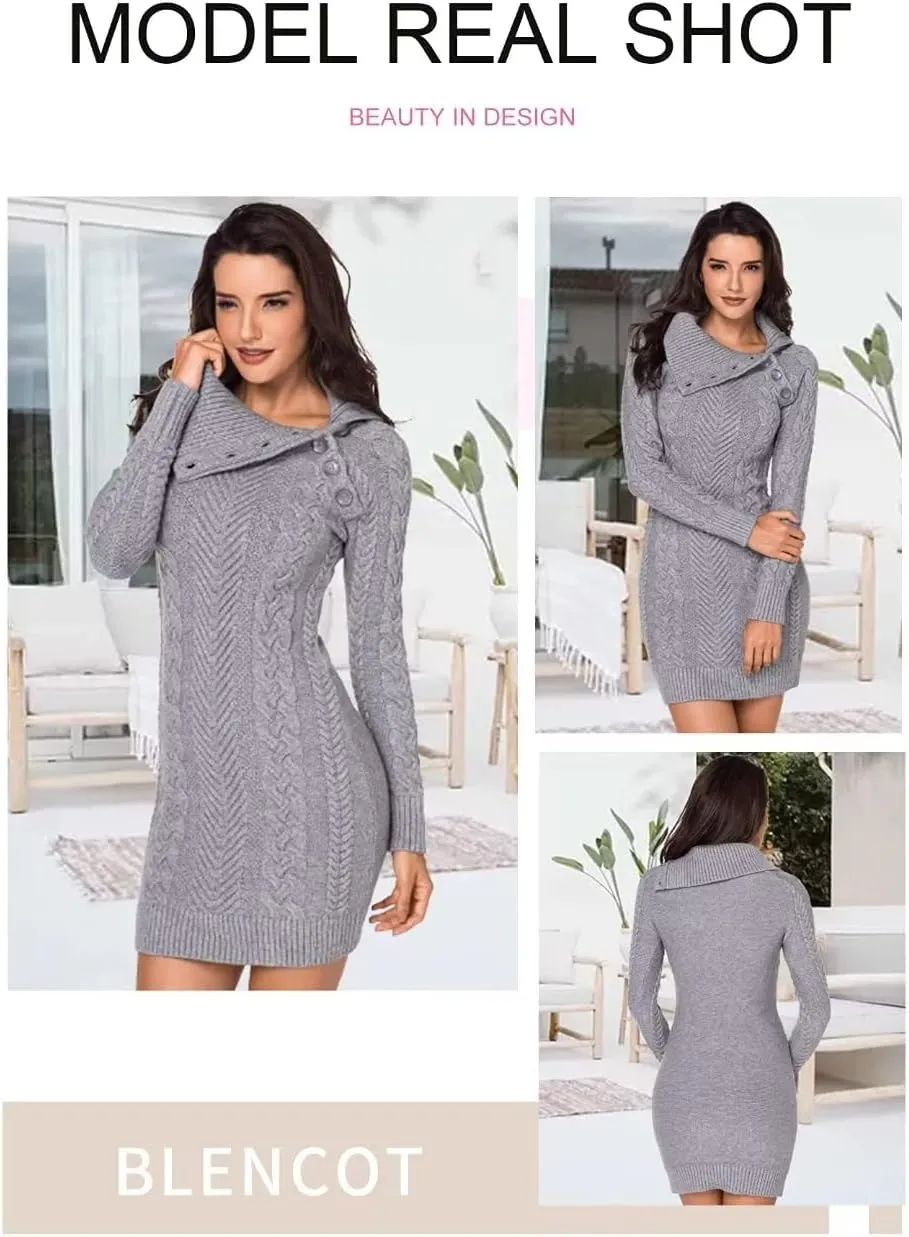 BLENCOT Womens Turtleneck Long Sleeve Elasticity Chunky Cable Knit Pullover Sweaters Jumper