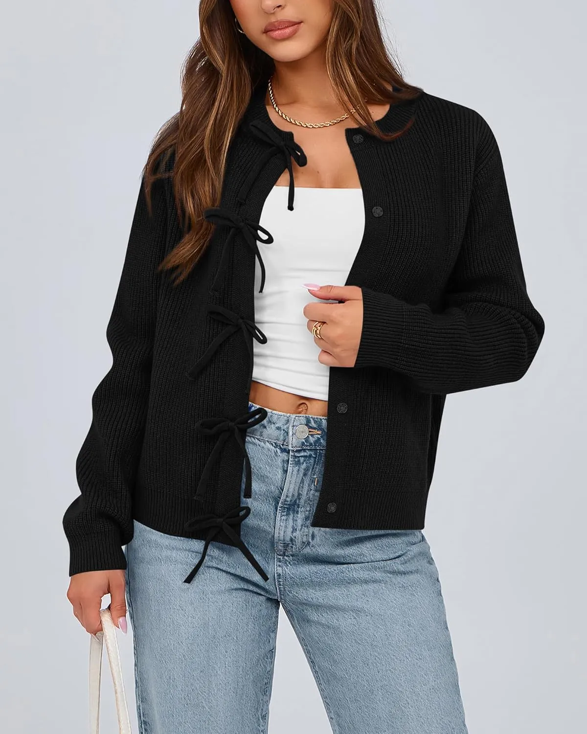 BTFBM Cardigan Sweaters for Women Trendy 2025 Fall Open Front Long Sleeve Button Down Bow Knot Cropped Lady Jacket