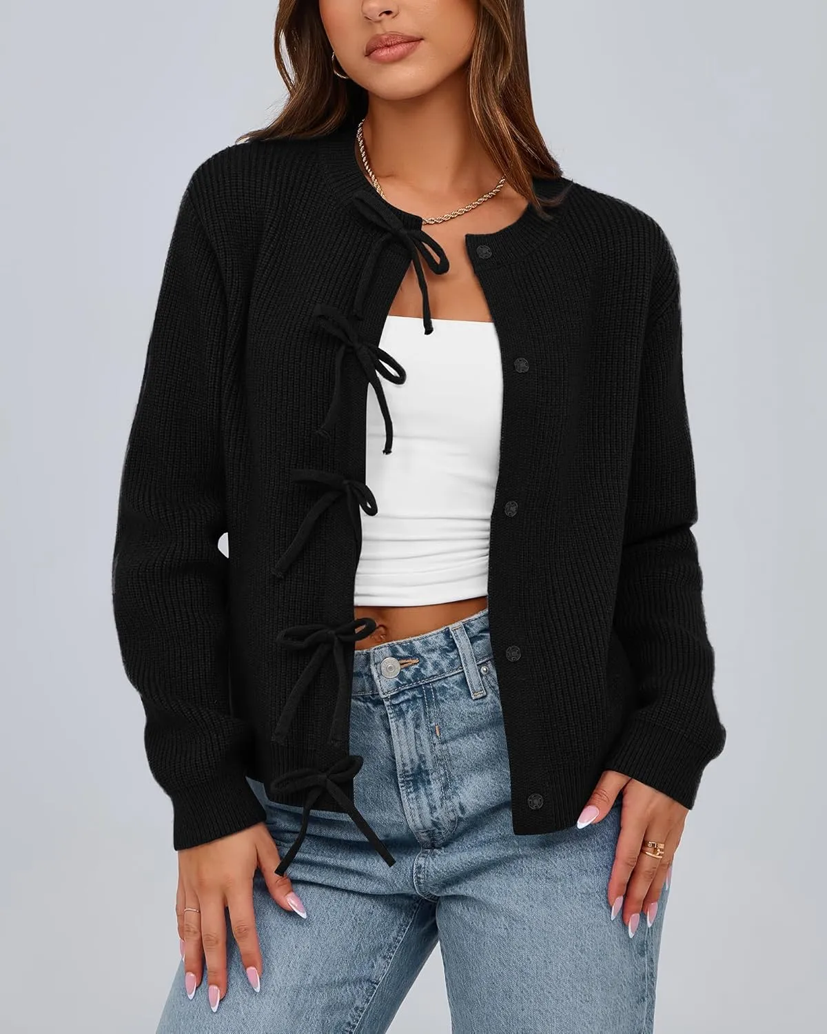 BTFBM Cardigan Sweaters for Women Trendy 2025 Fall Open Front Long Sleeve Button Down Bow Knot Cropped Lady Jacket