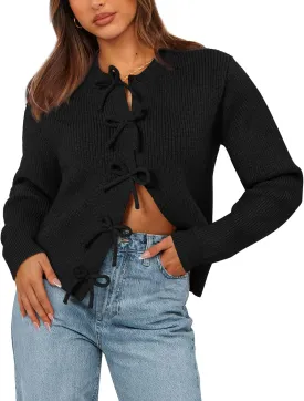 BTFBM Cardigan Sweaters for Women Trendy 2025 Fall Open Front Long Sleeve Button Down Bow Knot Cropped Lady Jacket