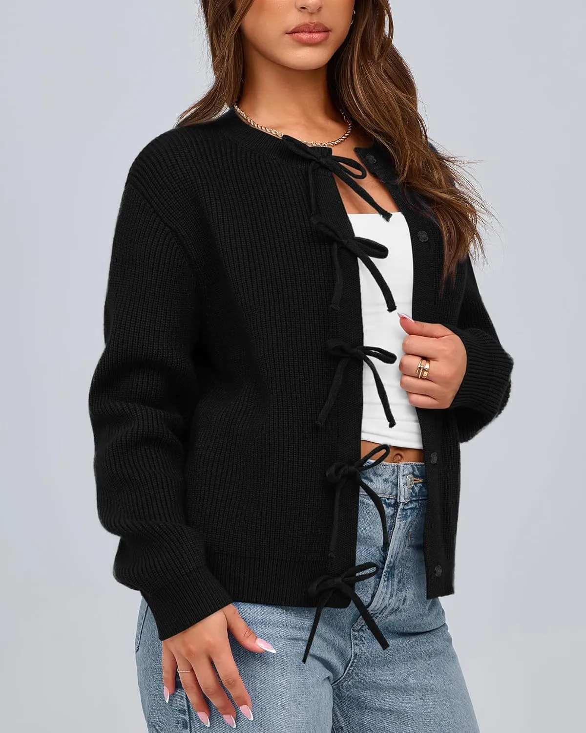 BTFBM Cardigan Sweaters for Women Trendy 2025 Fall Open Front Long Sleeve Button Down Bow Knot Cropped Lady Jacket