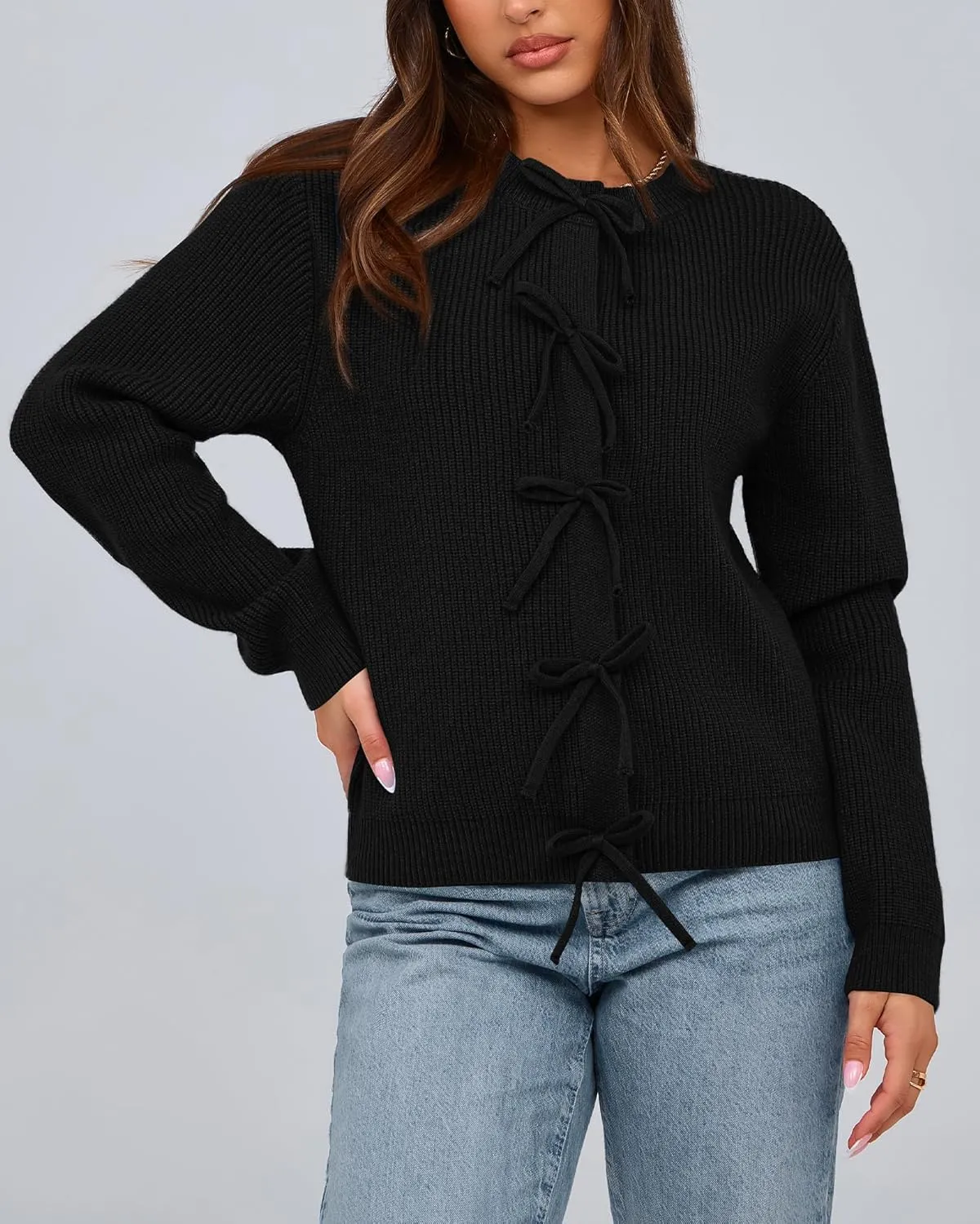 BTFBM Cardigan Sweaters for Women Trendy 2025 Fall Open Front Long Sleeve Button Down Bow Knot Cropped Lady Jacket