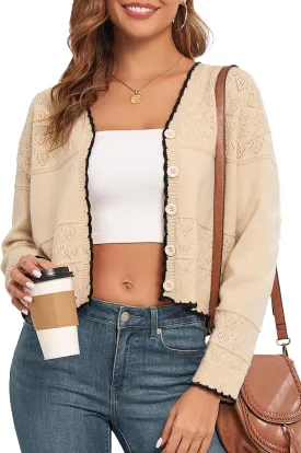 Cropped Cardigan for Women Button Down Long Sleeve Knit Cardigans Sweaters Open Front Lightweight Outwear