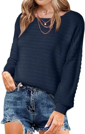 Dokotoo Womens Ribbed Knit Textured Drop Shoulder Long Sleeve Crew Neck Pullover Sweaters