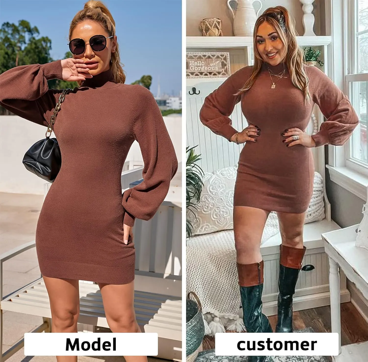 EXLURA Women's 2025 Mock Neck Ribbed Long Sleeve Bodycon Pullover Cute Mini Sweater Dress