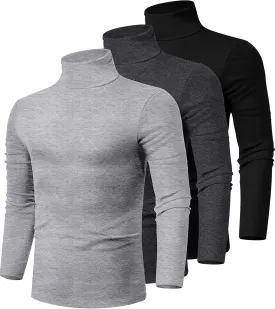 Ficerd 3 Pack Men's Turtleneck Shirts, Long Sleeve Cotton Pullover Sweaters Mock Neck Knitted T Shirt Basic Slim Fit Tee Tops