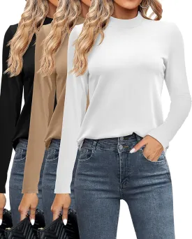 Ficerd 3 Pack Women's Mock Turtleneck Shirts, Long Sleeve Mock Neck Pullover Tops Slim Fitted Stretch Undershirt Tee Blouse