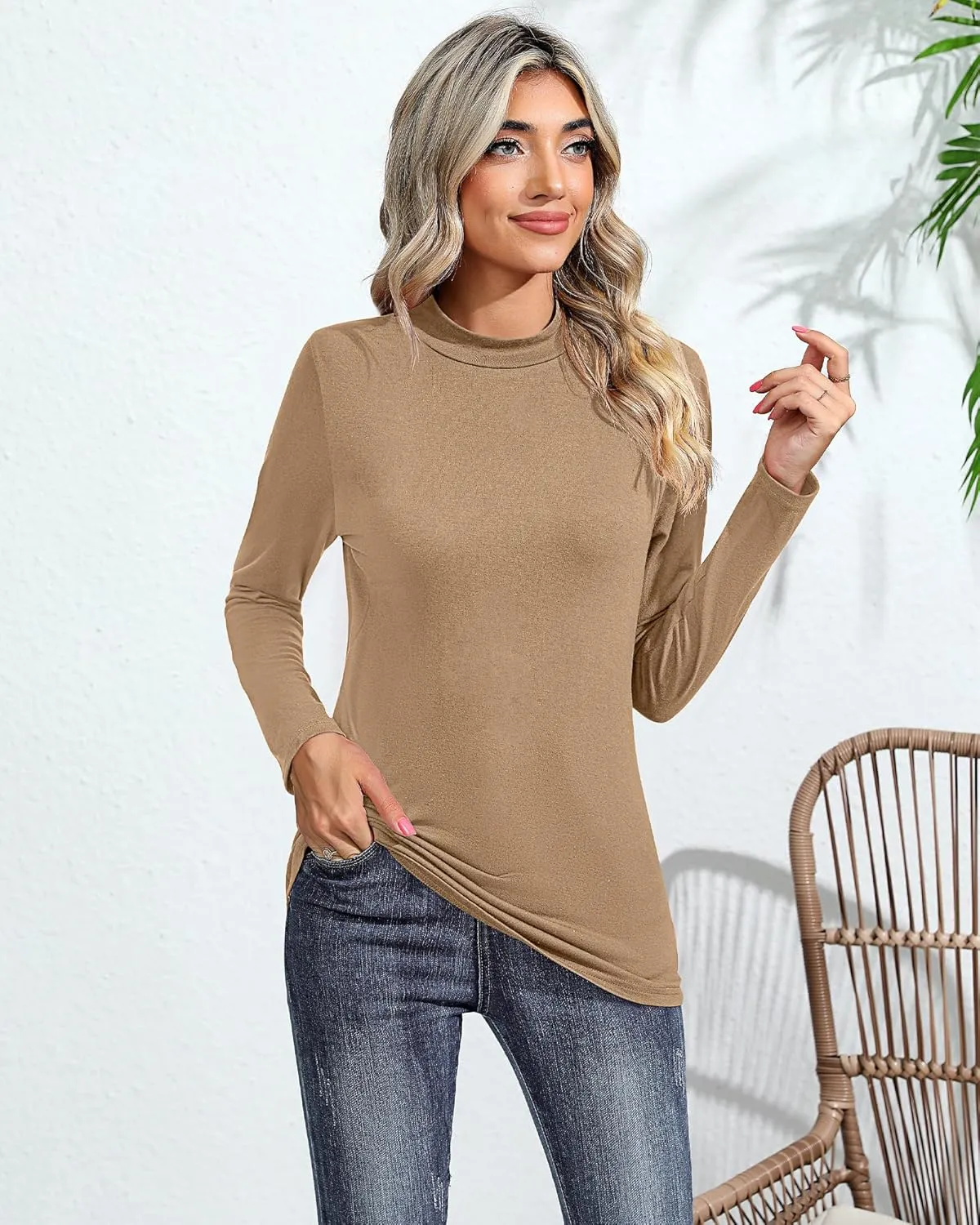 Ficerd 3 Pack Women's Mock Turtleneck Shirts, Long Sleeve Mock Neck Pullover Tops Slim Fitted Stretch Undershirt Tee Blouse