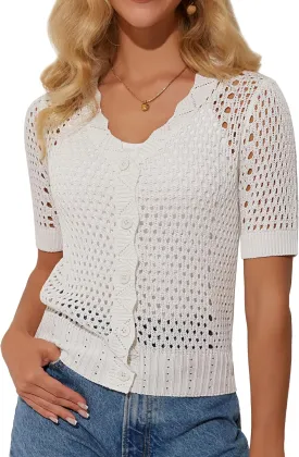 GRACE KARIN Womens 2025 Cardigan Sweaters Summer Short Sleeve Crochet Sweater V Neck Hollow Out Button Down Knit Bolero Tops