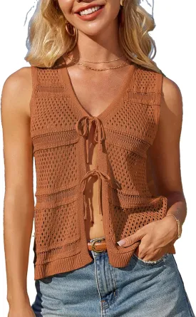 GRACE KARIN Womens Tie Front Sweater Vest Summer Sleeveless Crop Crochet Knit Tops Lightweight Cardigan Sweaters Tops