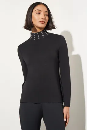 Soft Knit Tunic with Grommet Stud Accents and Mock Neck