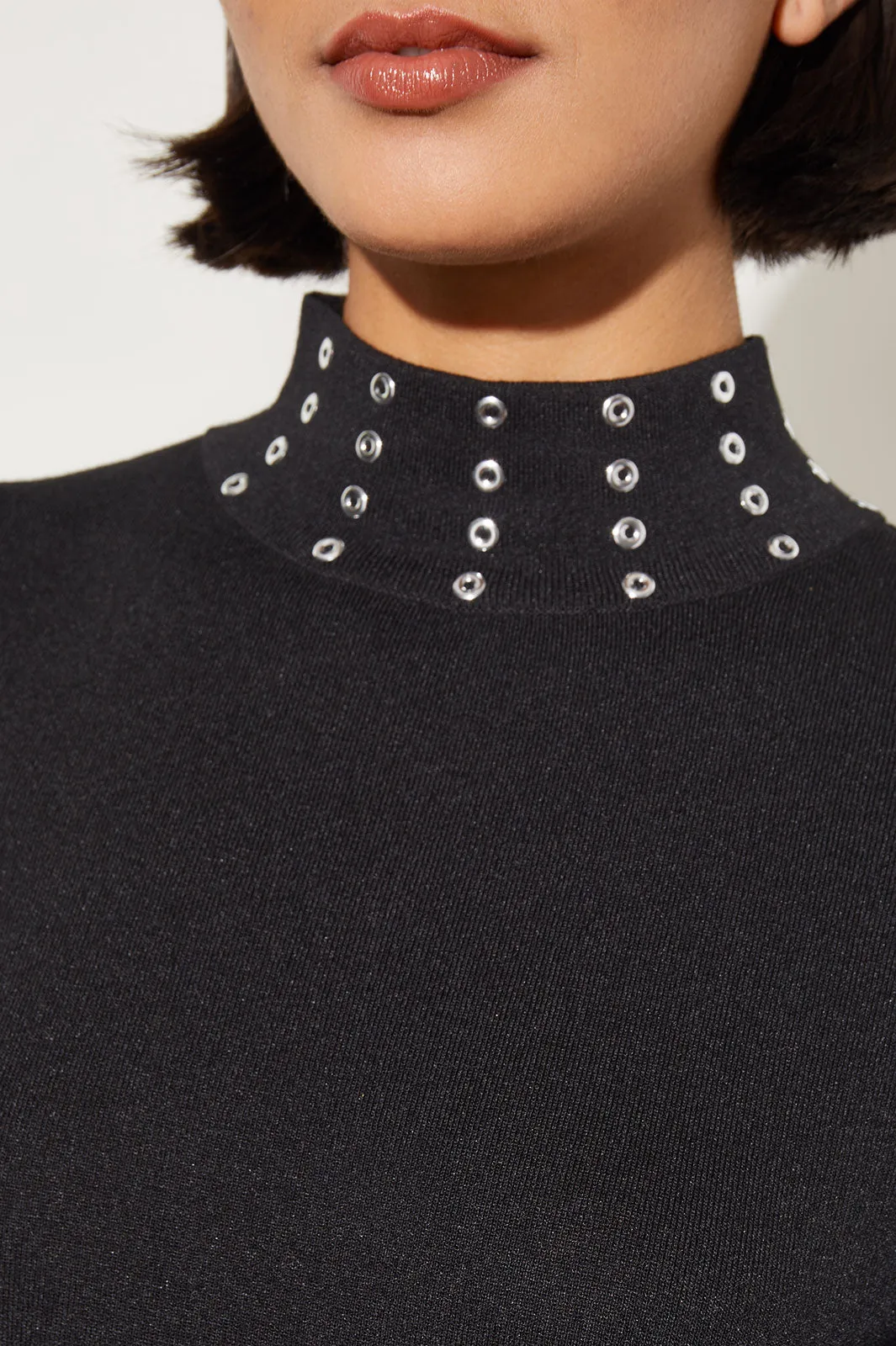 Soft Knit Tunic with Grommet Stud Accents and Mock Neck