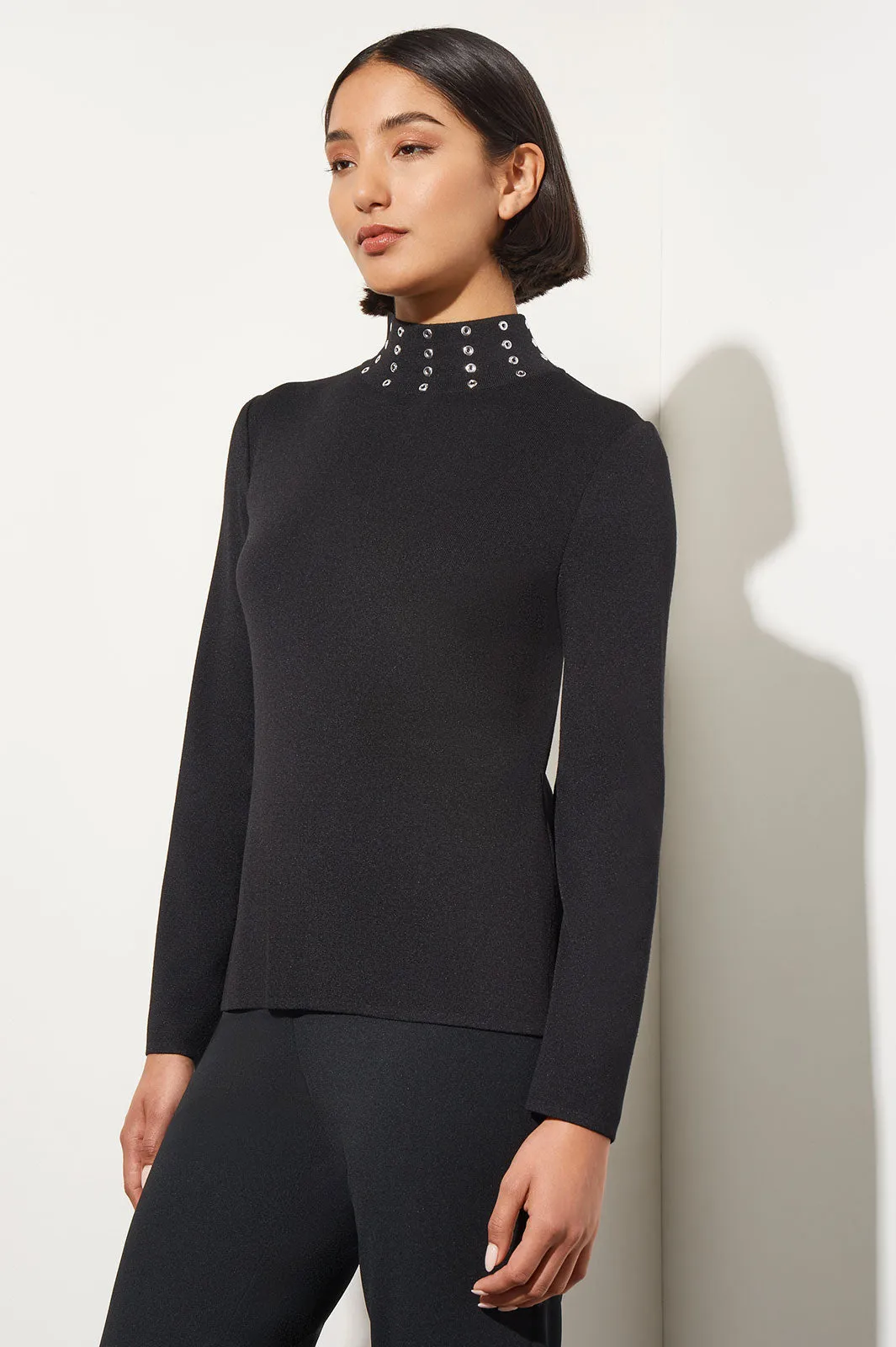 Soft Knit Tunic with Grommet Stud Accents and Mock Neck