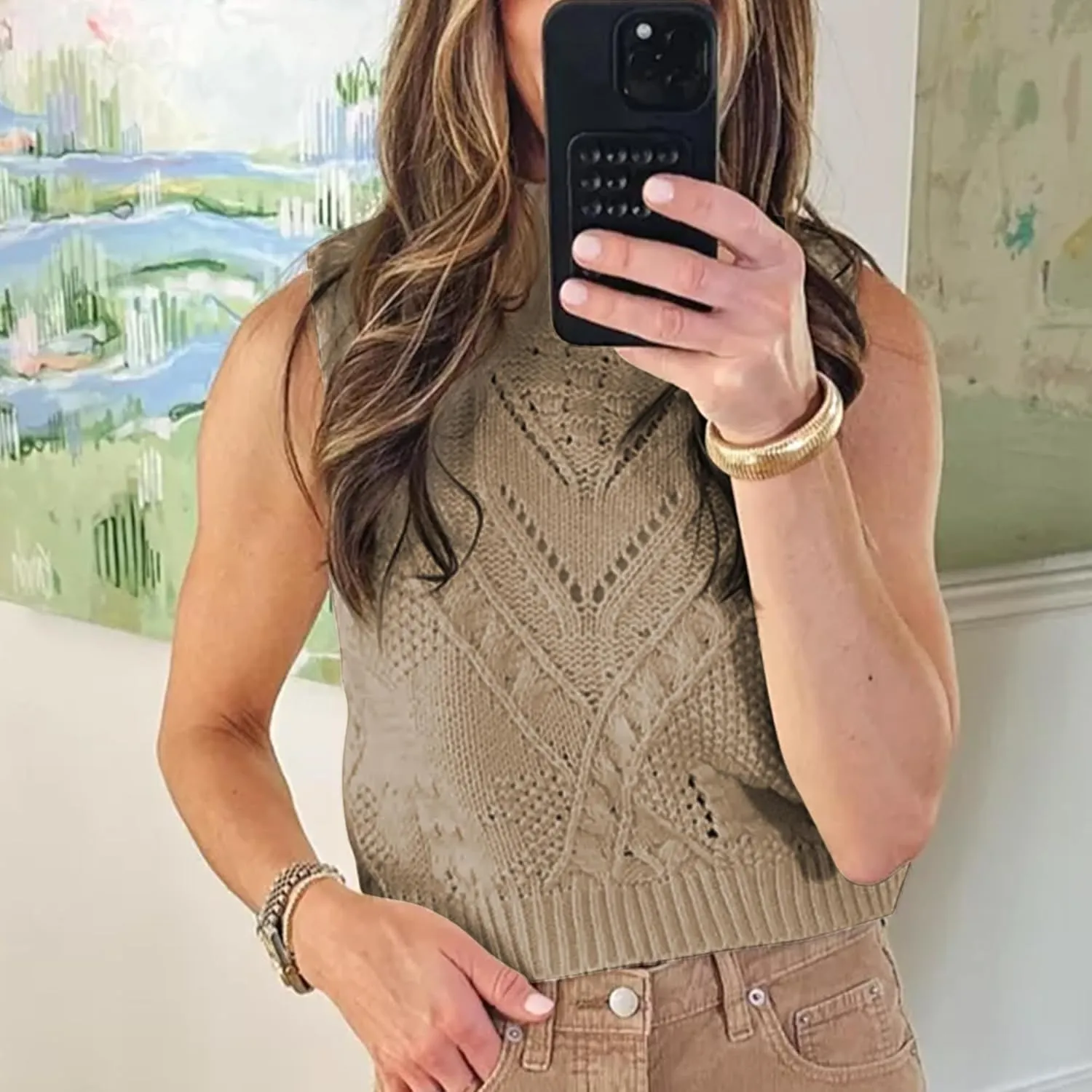 Hixiaohe Turtleneck Crochet Sweater Vest Fall Fashion Knit Sleeveless Tank Tops for Women Lightweight Casual Pullover Clothes