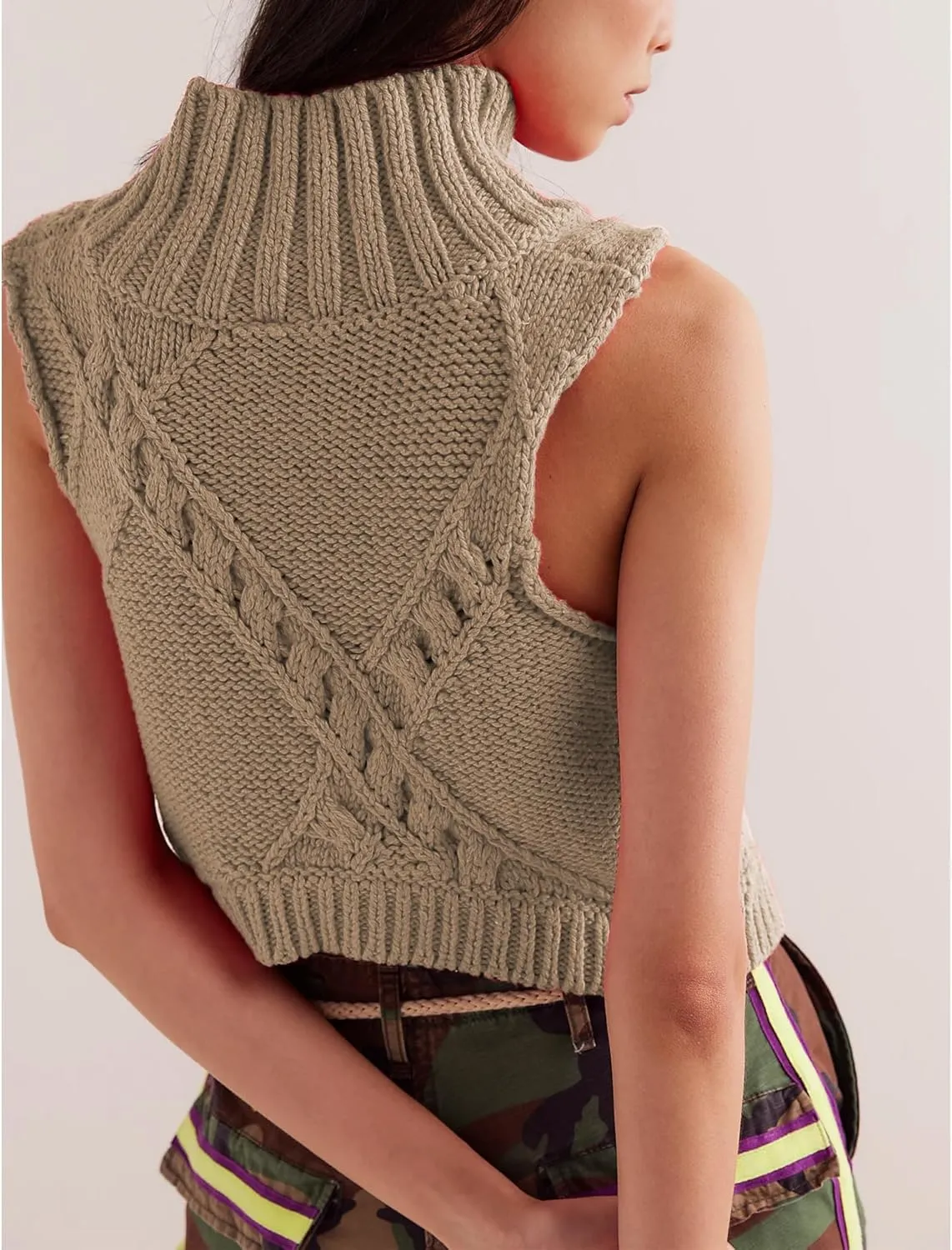 Hixiaohe Turtleneck Crochet Sweater Vest Fall Fashion Knit Sleeveless Tank Tops for Women Lightweight Casual Pullover Clothes