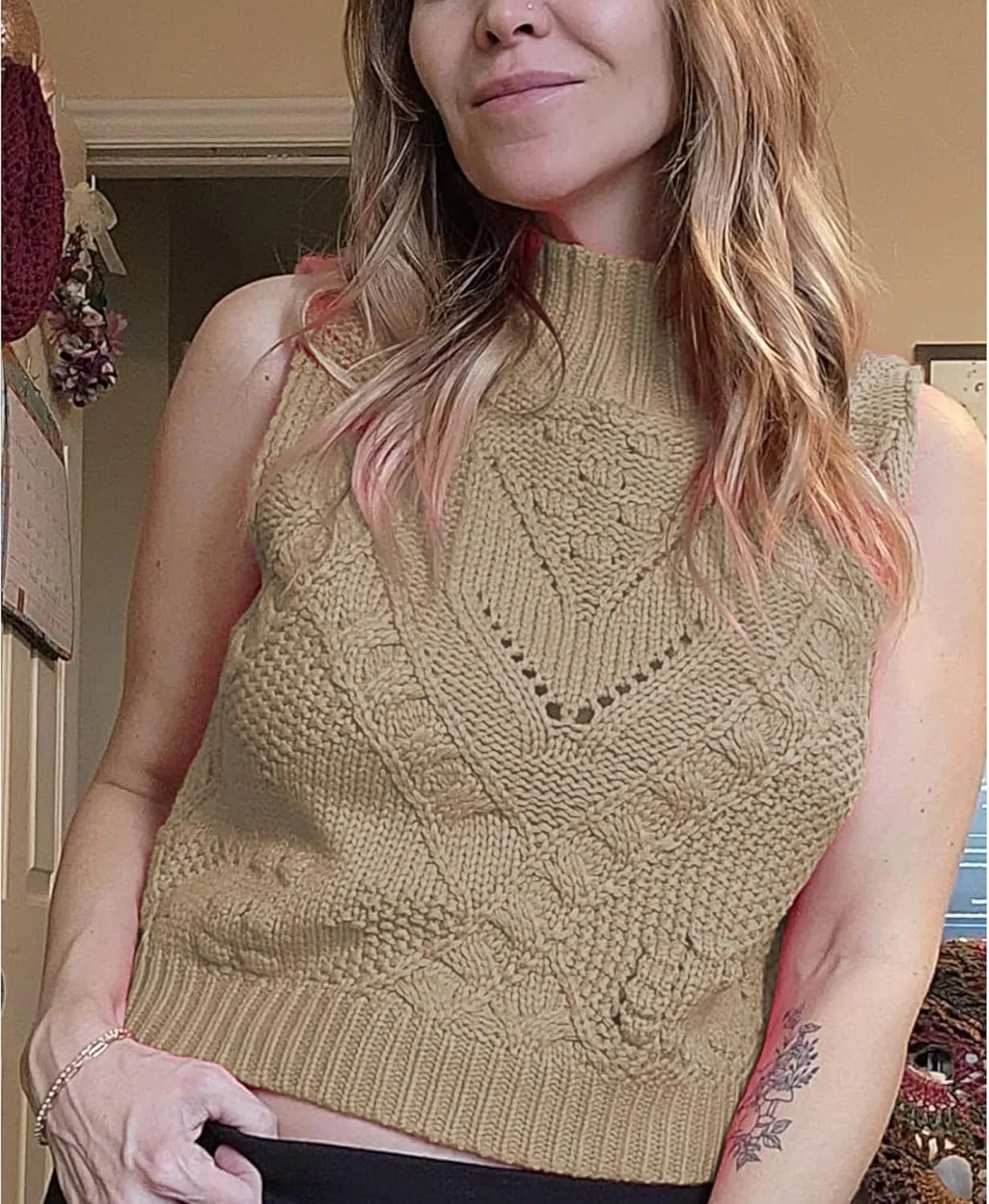 Hixiaohe Turtleneck Crochet Sweater Vest Fall Fashion Knit Sleeveless Tank Tops for Women Lightweight Casual Pullover Clothes