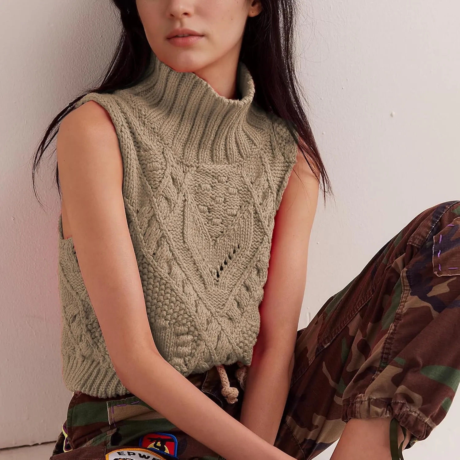 Hixiaohe Turtleneck Crochet Sweater Vest Fall Fashion Knit Sleeveless Tank Tops for Women Lightweight Casual Pullover Clothes