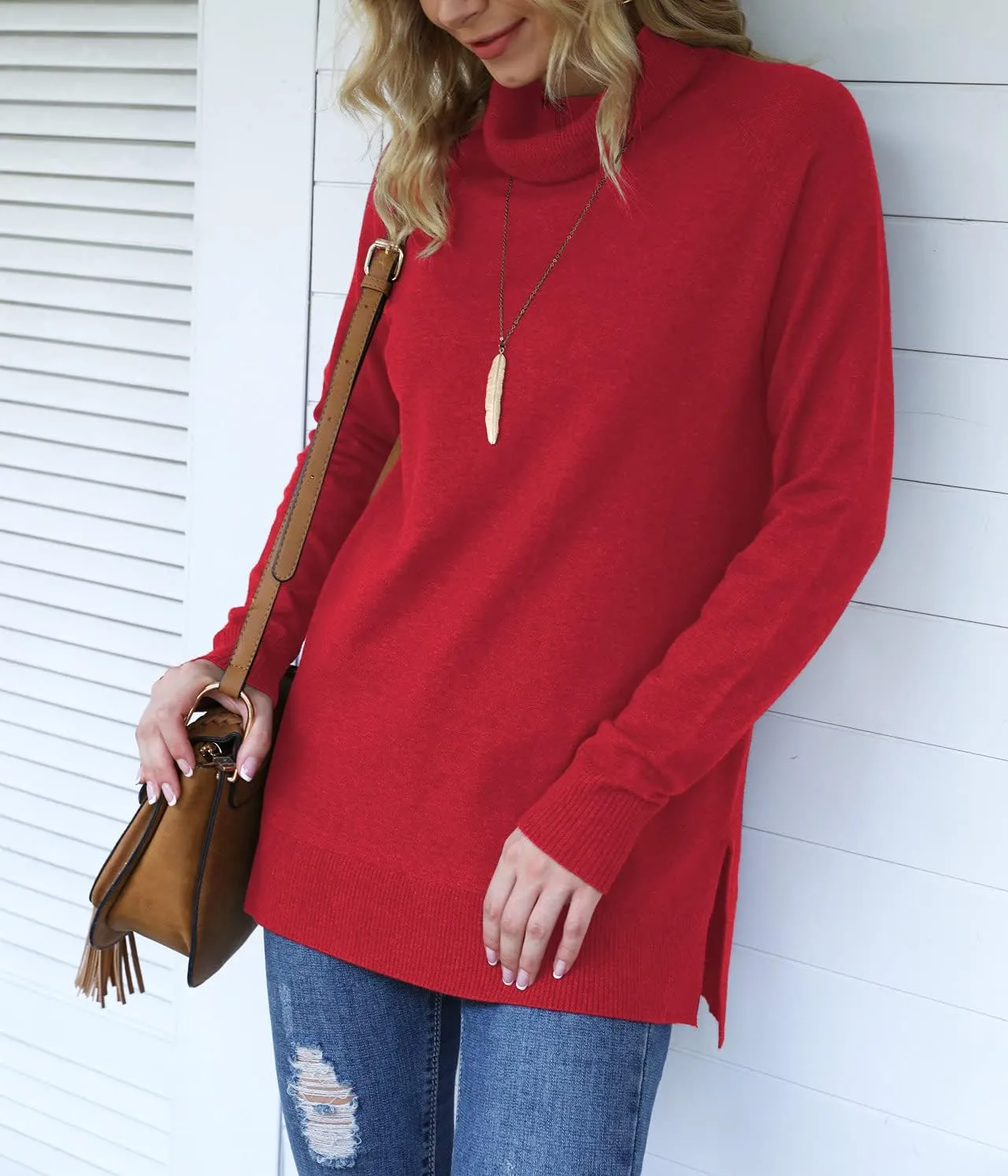 HWOKEFEIYU Women 2024 Fall Trendy Casual Sweater Turtleneck Long Sleeve Sweaters Pullover