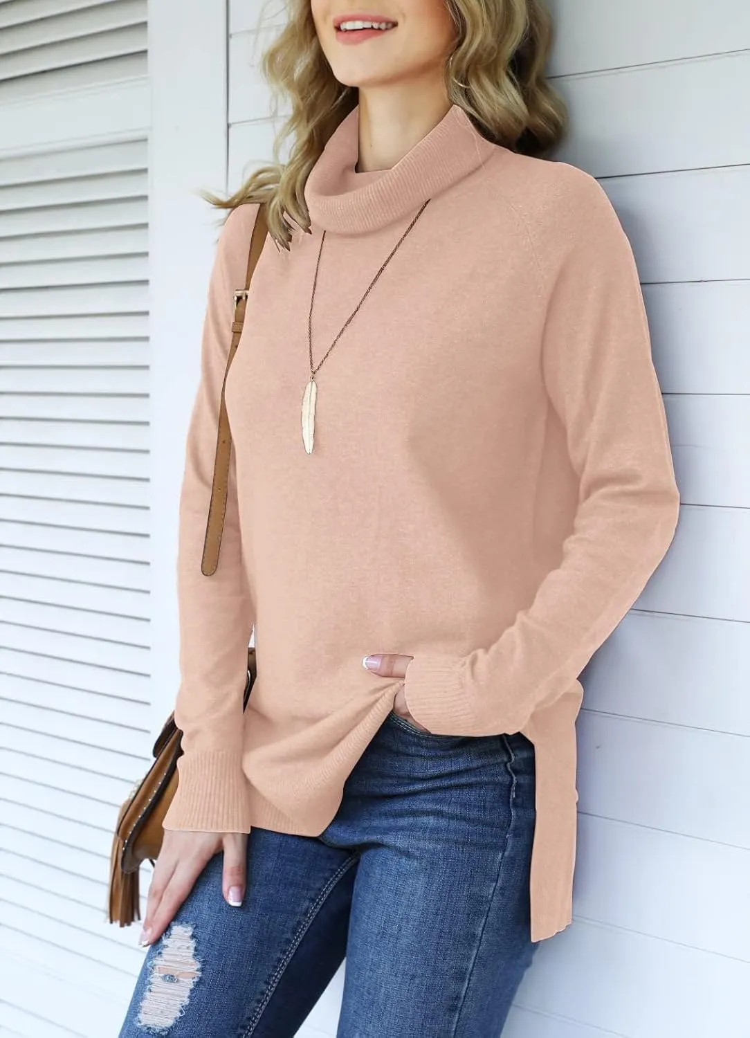 HWOKEFEIYU Women 2024 Fall Trendy Casual Sweater Turtleneck Long Sleeve Sweaters Pullover