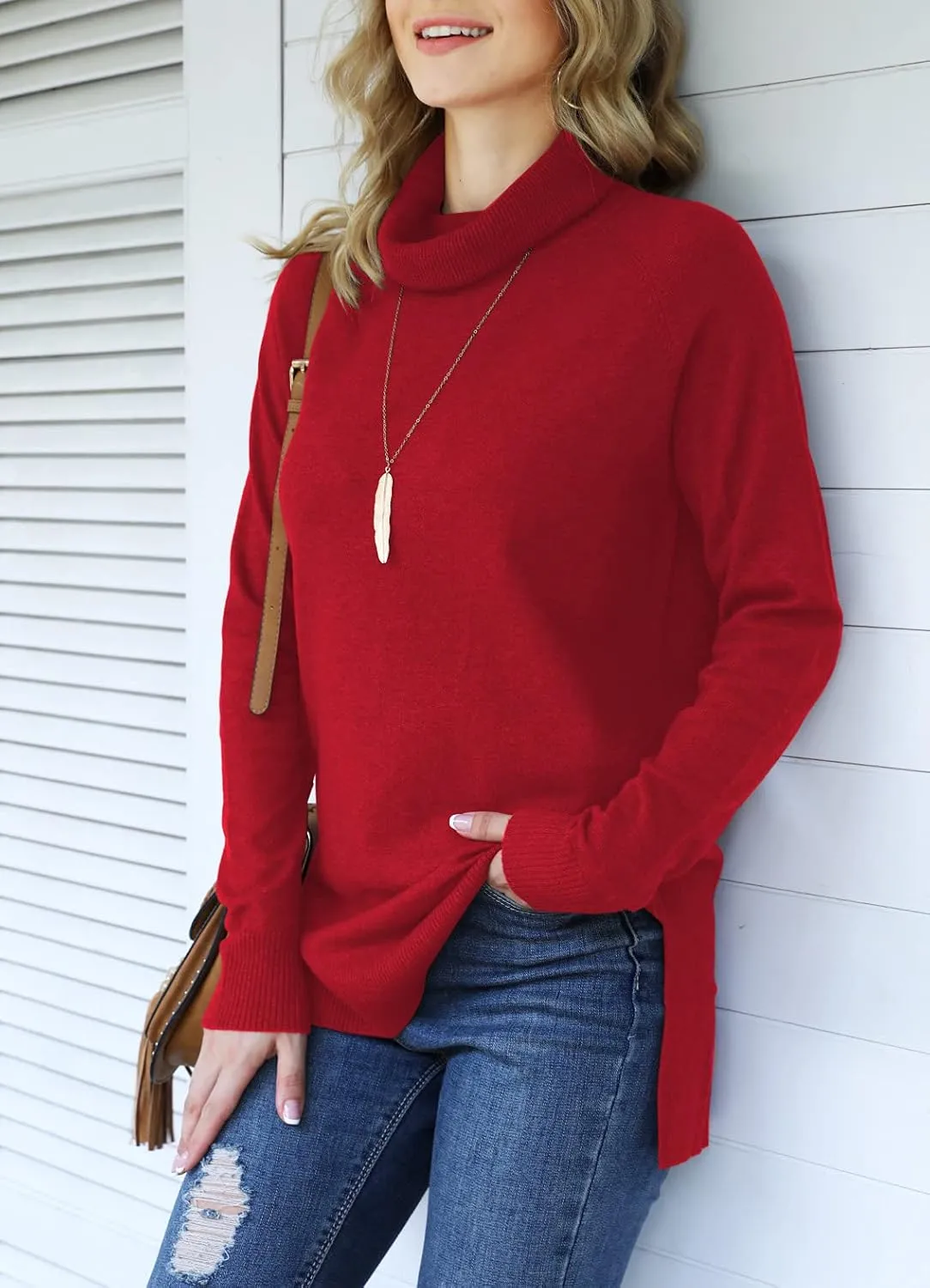 HWOKEFEIYU Women 2024 Fall Trendy Casual Sweater Turtleneck Long Sleeve Sweaters Pullover