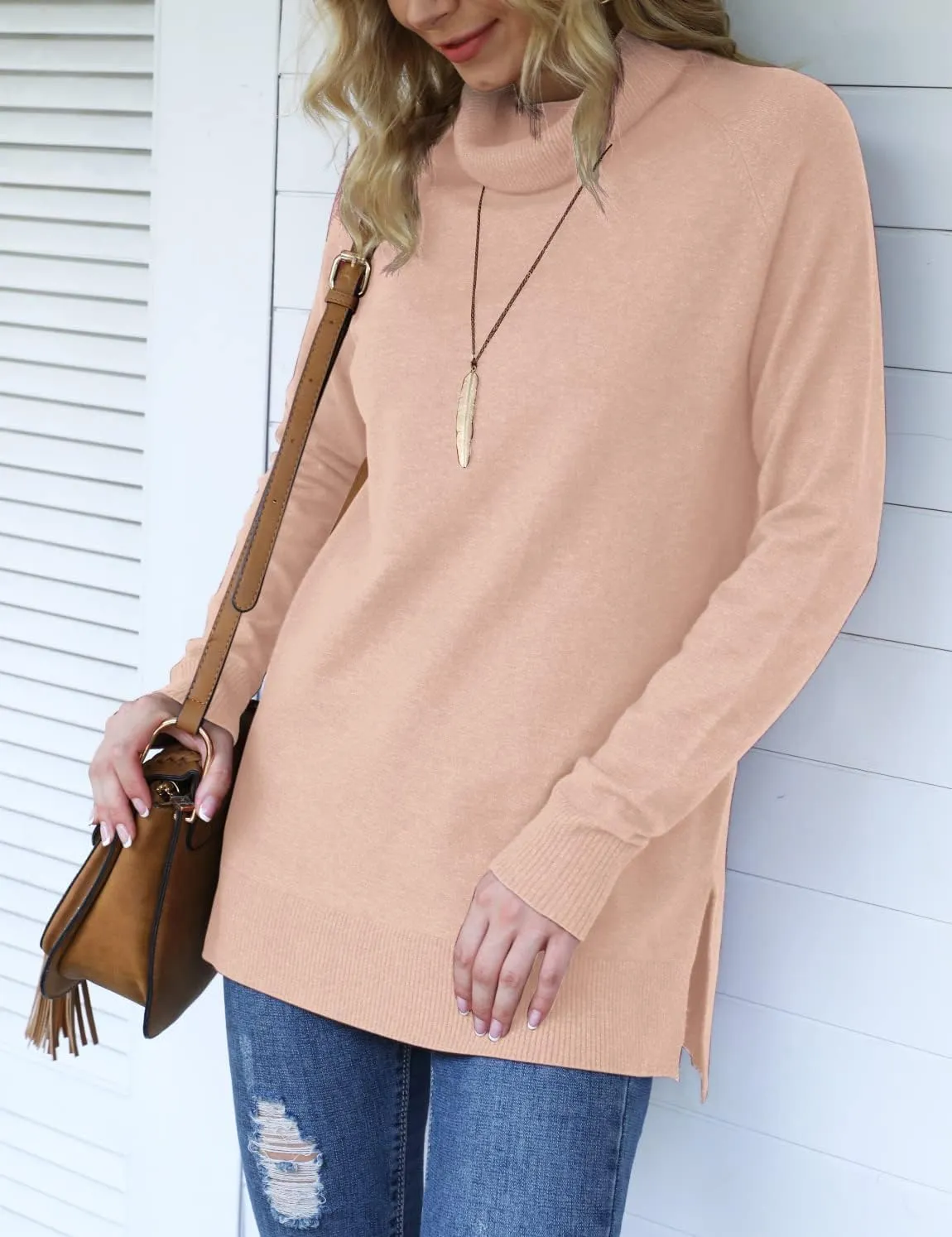 HWOKEFEIYU Women 2024 Fall Trendy Casual Sweater Turtleneck Long Sleeve Sweaters Pullover