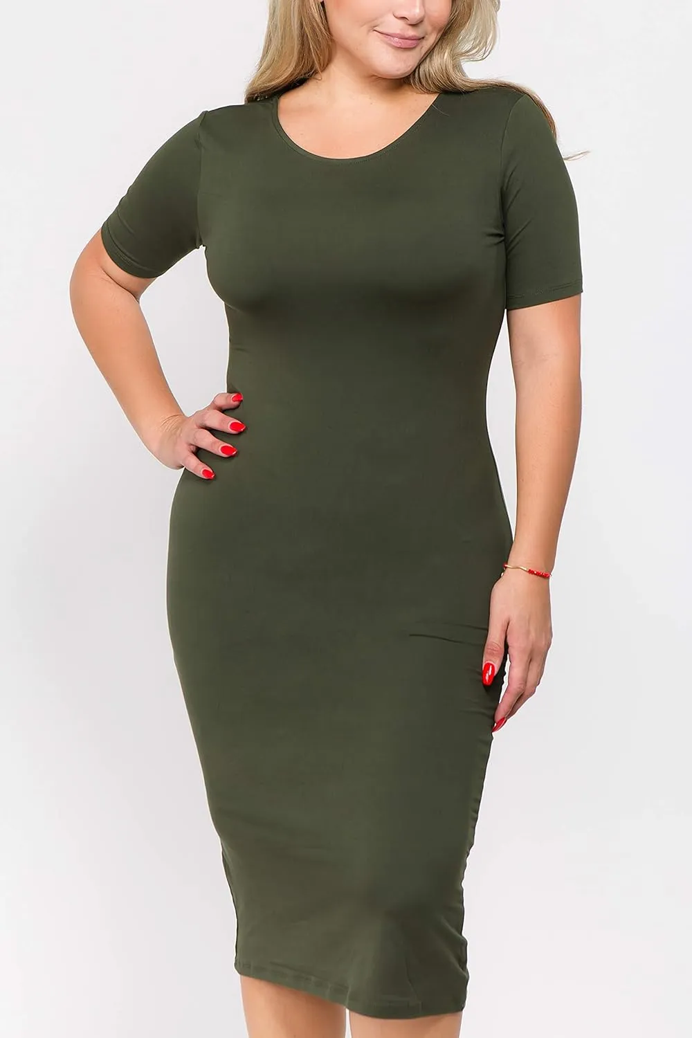 ICONOFLASH Women's Short Sleeve Midi Bodycon Dress - Crew Neck Fitted Dress with Plus Size Options