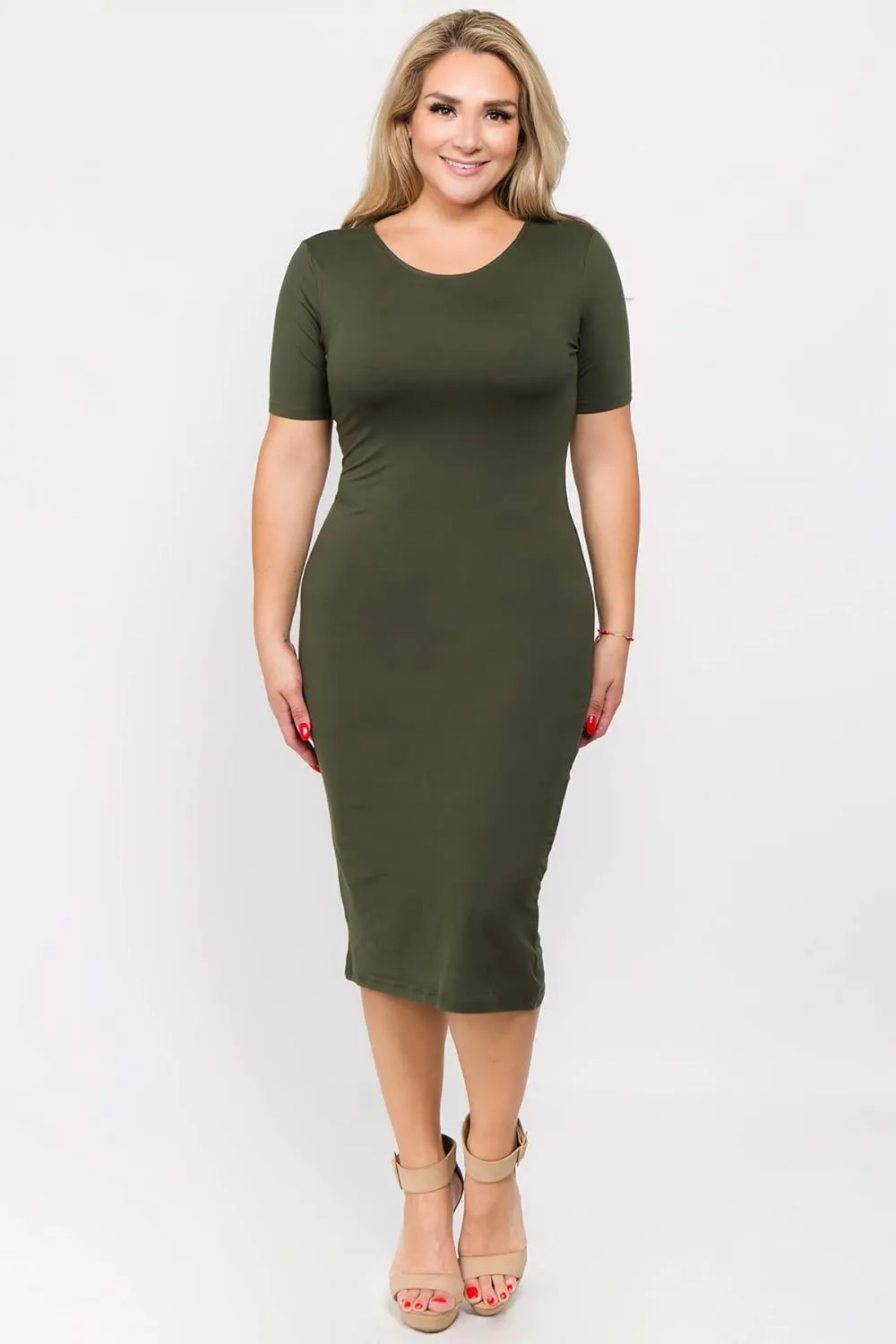 ICONOFLASH Women's Short Sleeve Midi Bodycon Dress - Crew Neck Fitted Dress with Plus Size Options