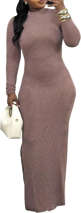 LKOUS Womens Bodycon Ribbed Maxi Dresses,Solid Color Long Sleeve Sexy Split Knit Dresses
