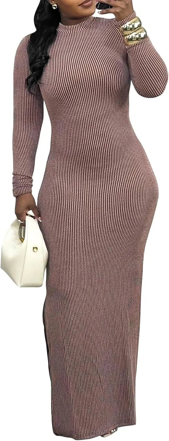 LKOUS Womens Bodycon Ribbed Maxi Dresses,Solid Color Long Sleeve Sexy Split Knit Dresses