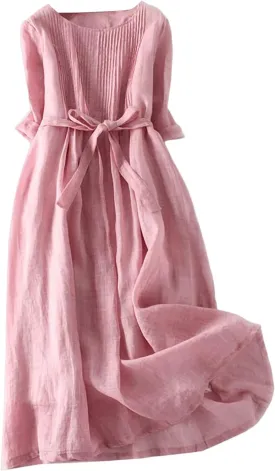 Maxi Dresses For Women 2025 Vacation Cotton Linen 2025 Maxi Button Plus Size A Line Dress Trendy 3/4 Sleeve Dress