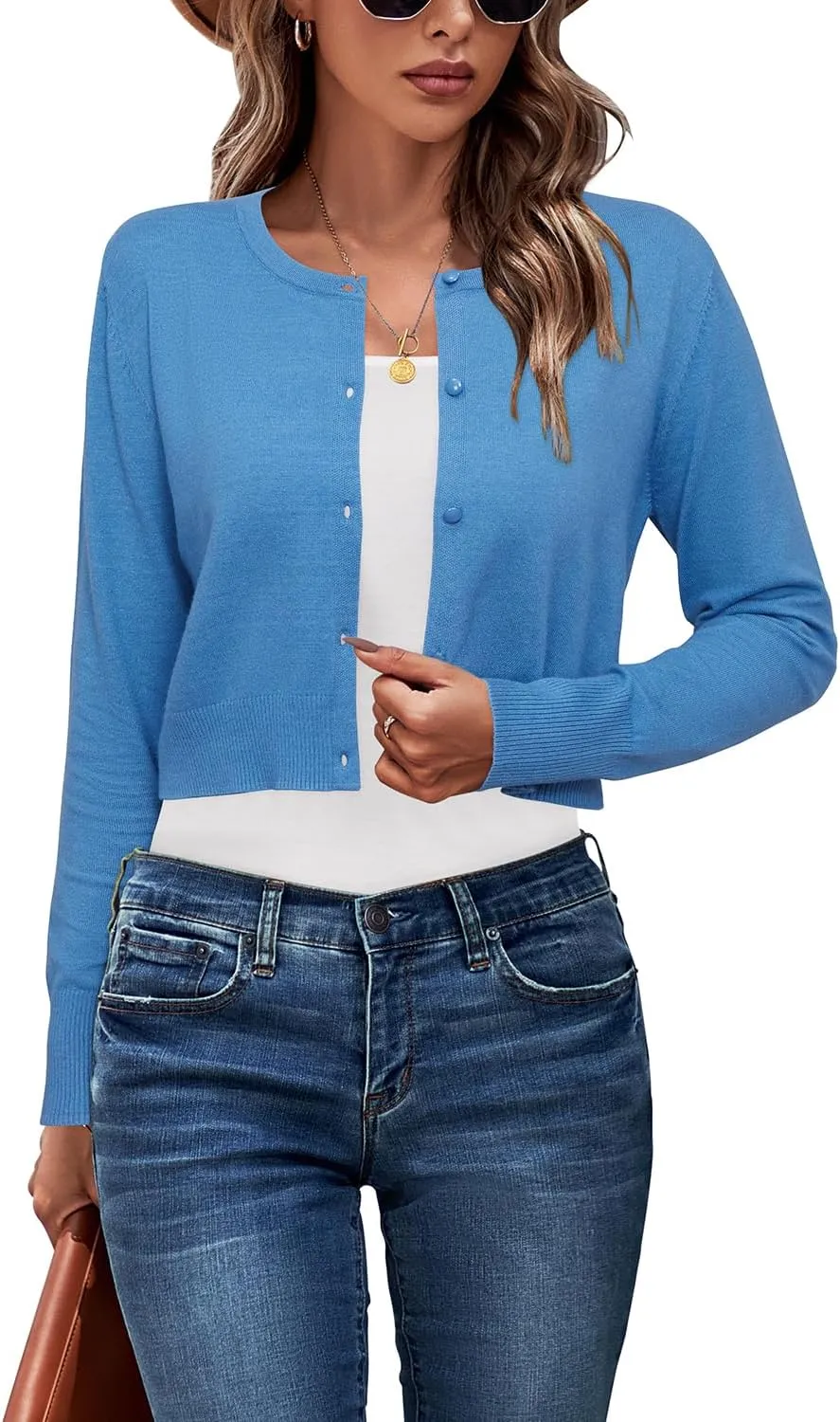Newshows Cropped Cardigan Sweaters for Women 2025 Crew Neck Button Down Open Front Knit Bolero Shrugs