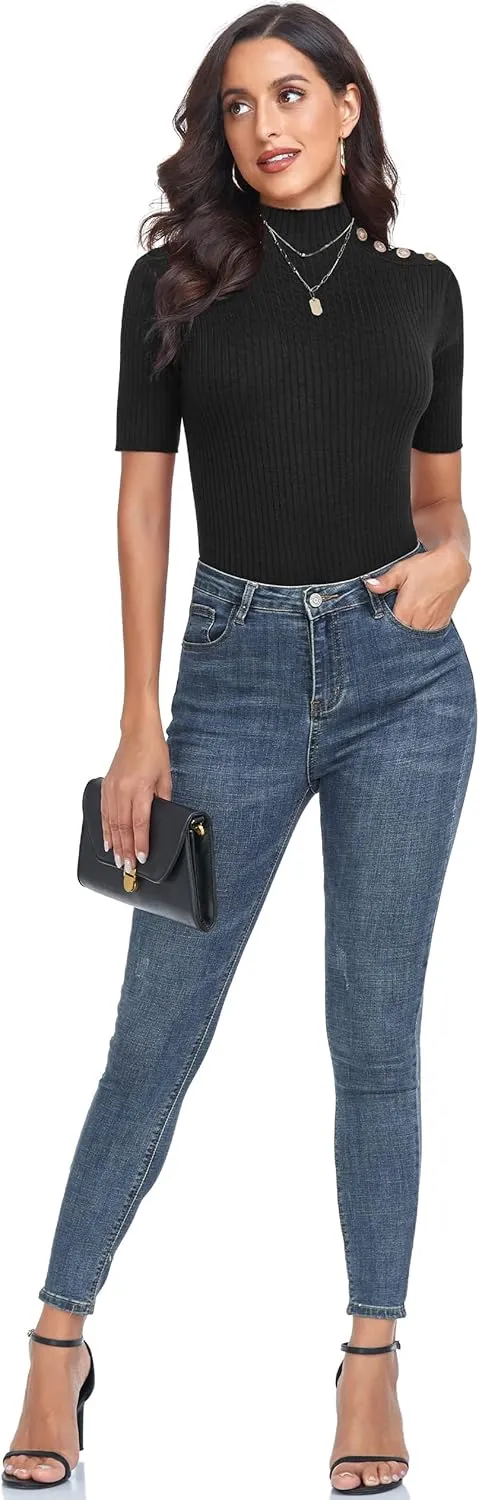 PrettyGuide Women's Short Sleeve Sweater Tops Mock Neck with Button Pullover Slim Fit Casual Business Knit Basic Top
