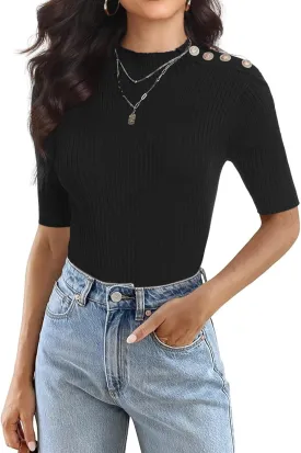PrettyGuide Women's Short Sleeve Sweater Tops Mock Neck with Button Pullover Slim Fit Casual Business Knit Basic Top