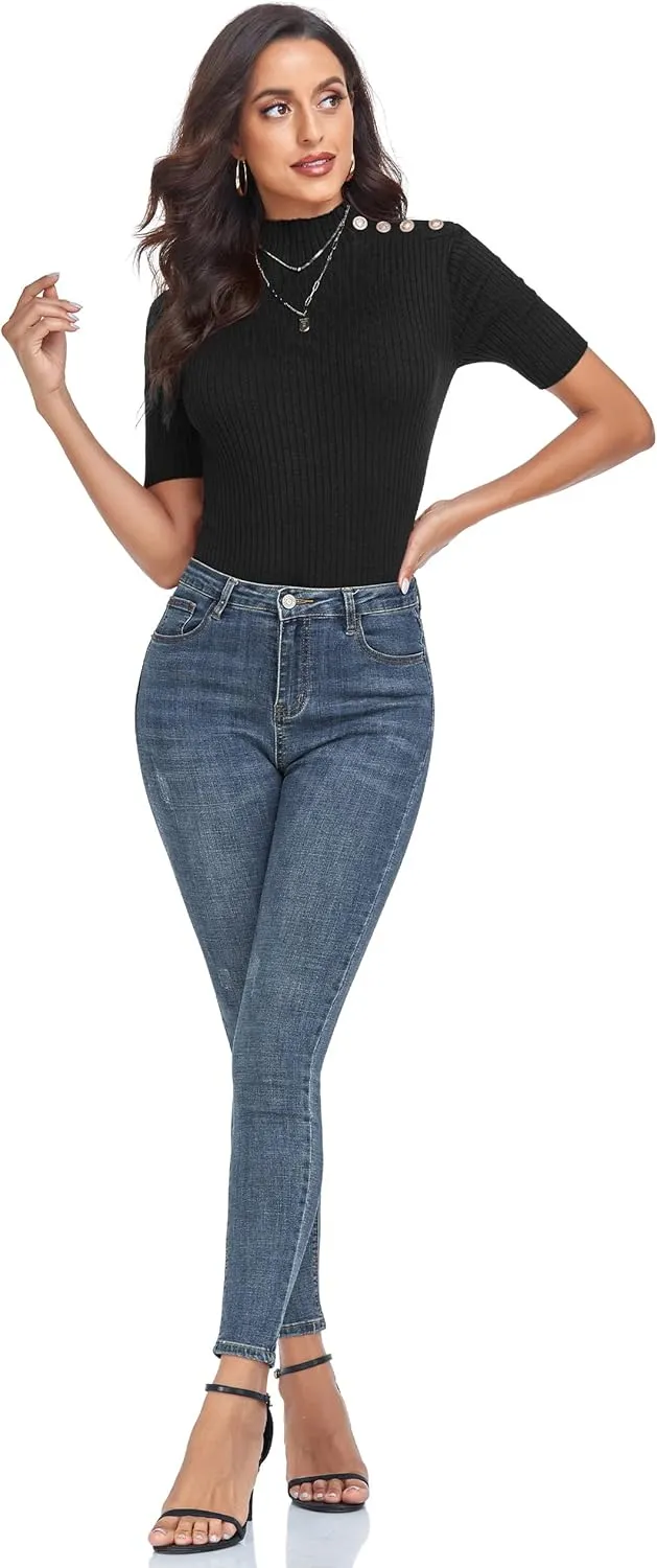 PrettyGuide Women's Short Sleeve Sweater Tops Mock Neck with Button Pullover Slim Fit Casual Business Knit Basic Top