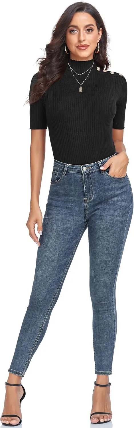 PrettyGuide Women's Short Sleeve Sweater Tops Mock Neck with Button Pullover Slim Fit Casual Business Knit Basic Top