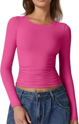 QINSEN Womens Crewneck Long Sleeve Shirt Double Lined Basic Tees Side Ruched Going Out Crop Tops
