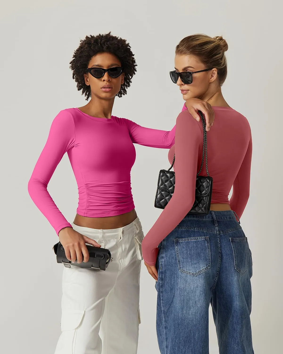 QINSEN Womens Crewneck Long Sleeve Shirt Double Lined Basic Tees Side Ruched Going Out Crop Tops