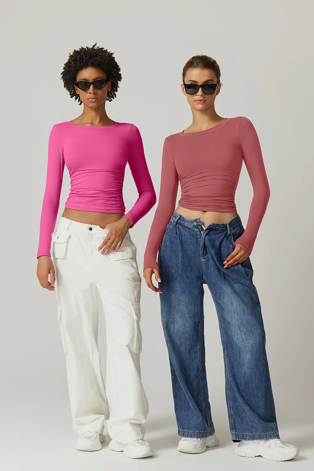 QINSEN Womens Crewneck Long Sleeve Shirt Double Lined Basic Tees Side Ruched Going Out Crop Tops