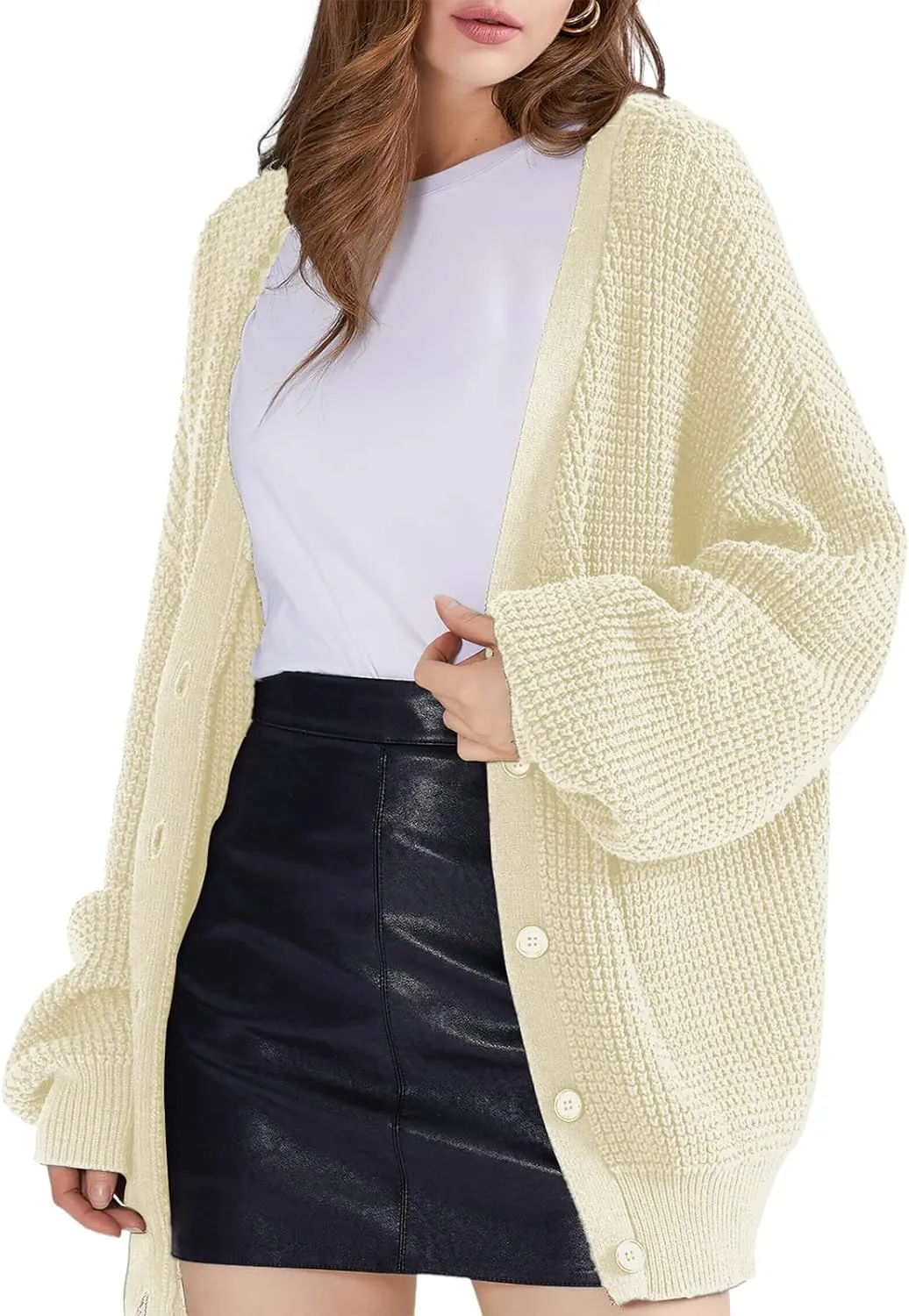 QUALFORT Cardigan Sweaters for Women 100% Cotton Button-Down Long Sleeve Oversized Knit Outerwear
