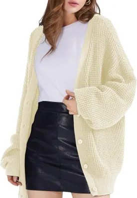 QUALFORT Cardigan Sweaters for Women 100% Cotton Button-Down Long Sleeve Oversized Knit Outerwear