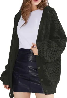 QUALFORT Cardigan Sweaters for Women 100% Cotton Button-Down Long Sleeve Oversized Knit Outerwear