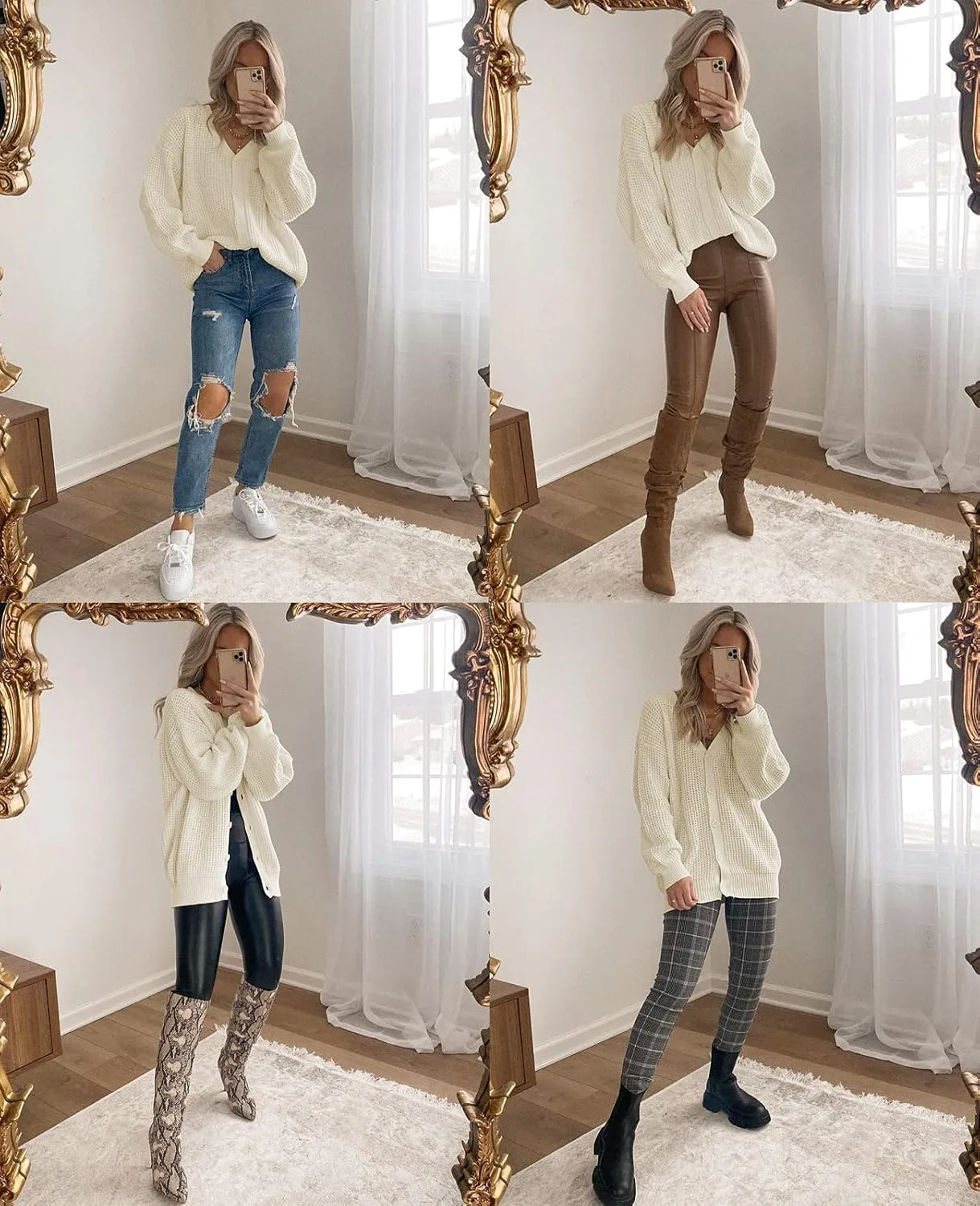 QUALFORT Cardigan Sweaters for Women 100% Cotton Button-Down Long Sleeve Oversized Knit Outerwear