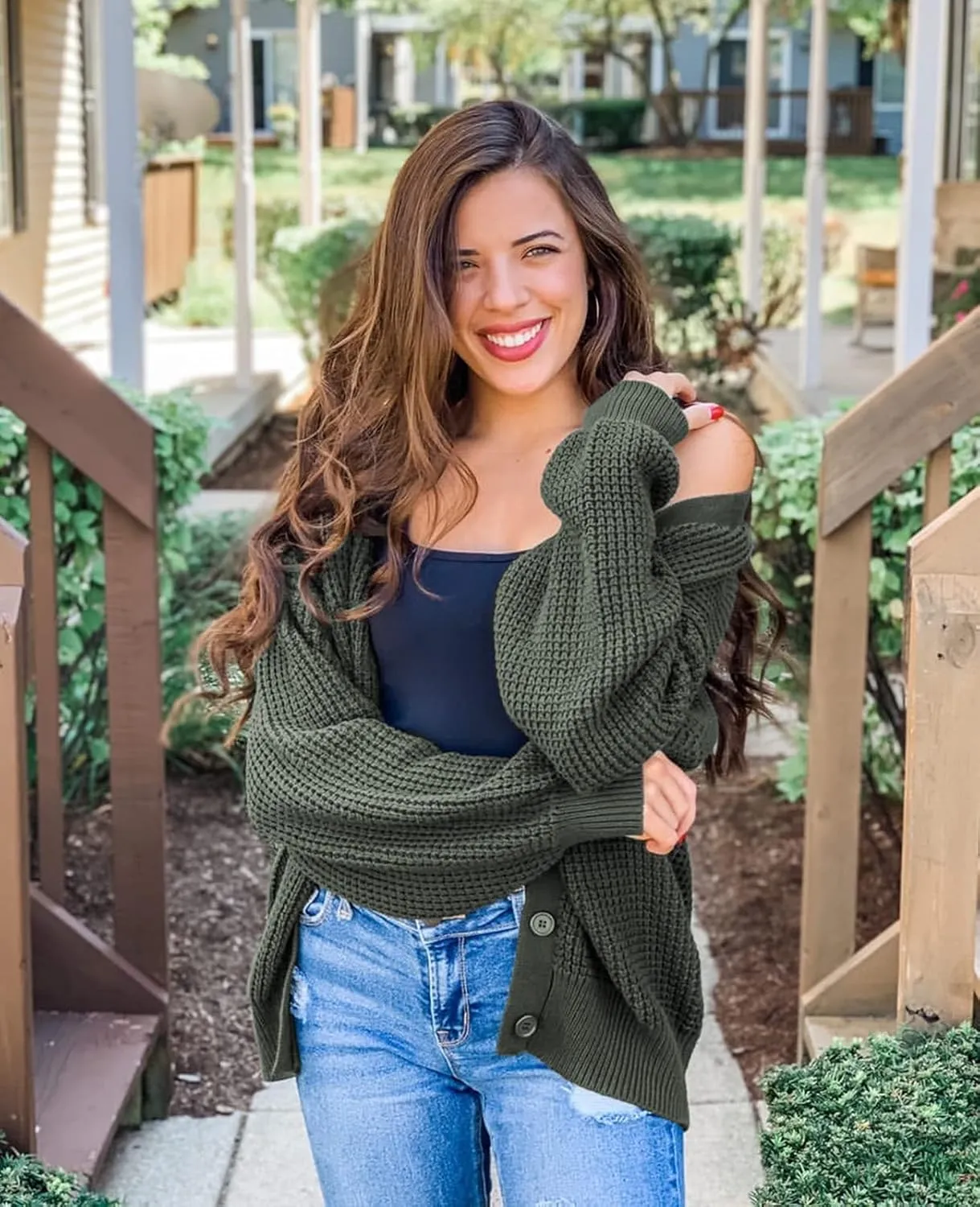 QUALFORT Cardigan Sweaters for Women 100% Cotton Button-Down Long Sleeve Oversized Knit Outerwear