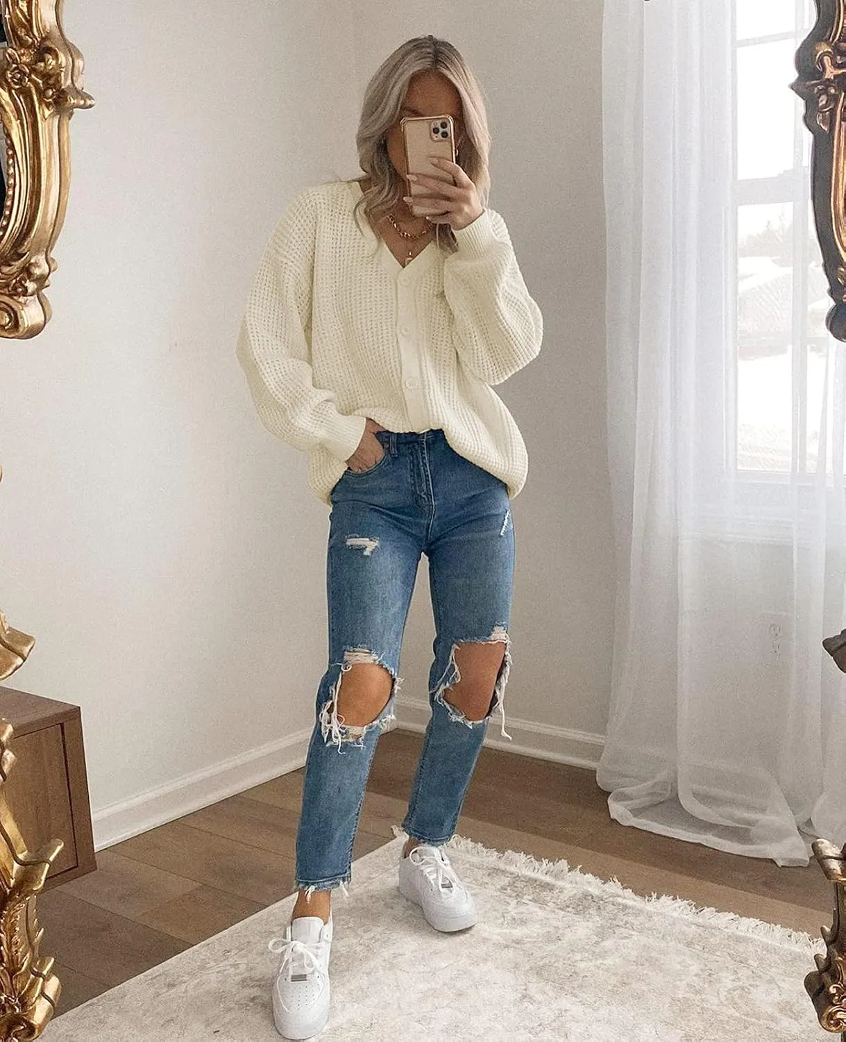 QUALFORT Cardigan Sweaters for Women 100% Cotton Button-Down Long Sleeve Oversized Knit Outerwear
