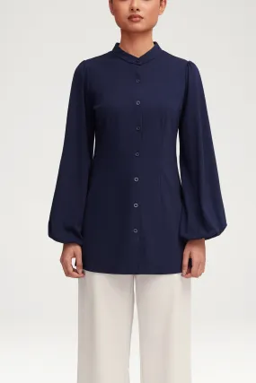 Chic Rayana Jersey Button-Down Top in Elegant Navy Blue